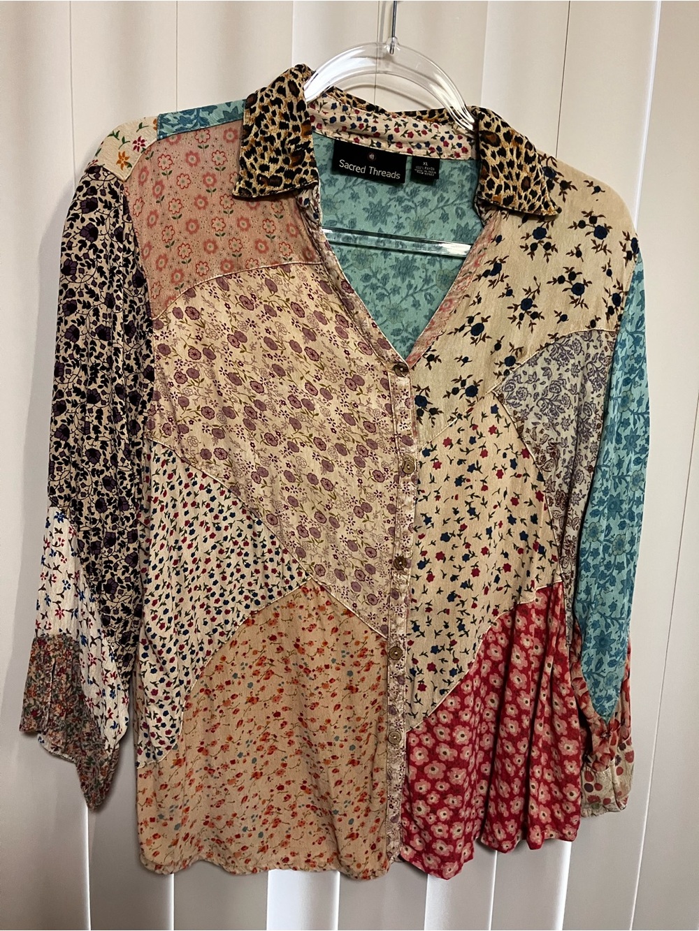 Sacred Threads Patchwork Button-Down Top — Cream, Red, Teal, Black